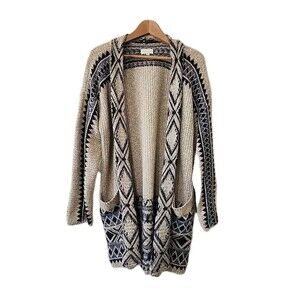 Lucky Brand Cardigan Sweater Woman's Large Aztec Tribal Knit Open Duster Boho